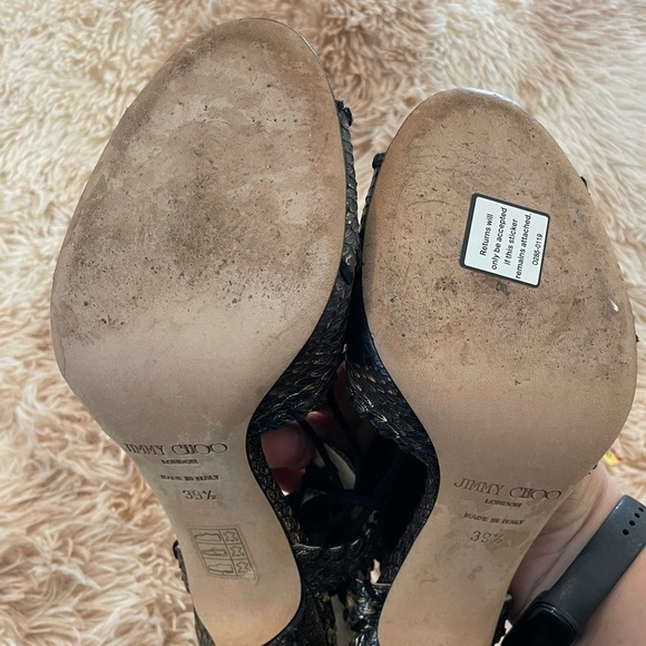 JIMMY CHOO | Black & Gold Snake Skin Print Suede Peep Toe Lace Up Heels | 39.5 9 - Picture 9 of 13